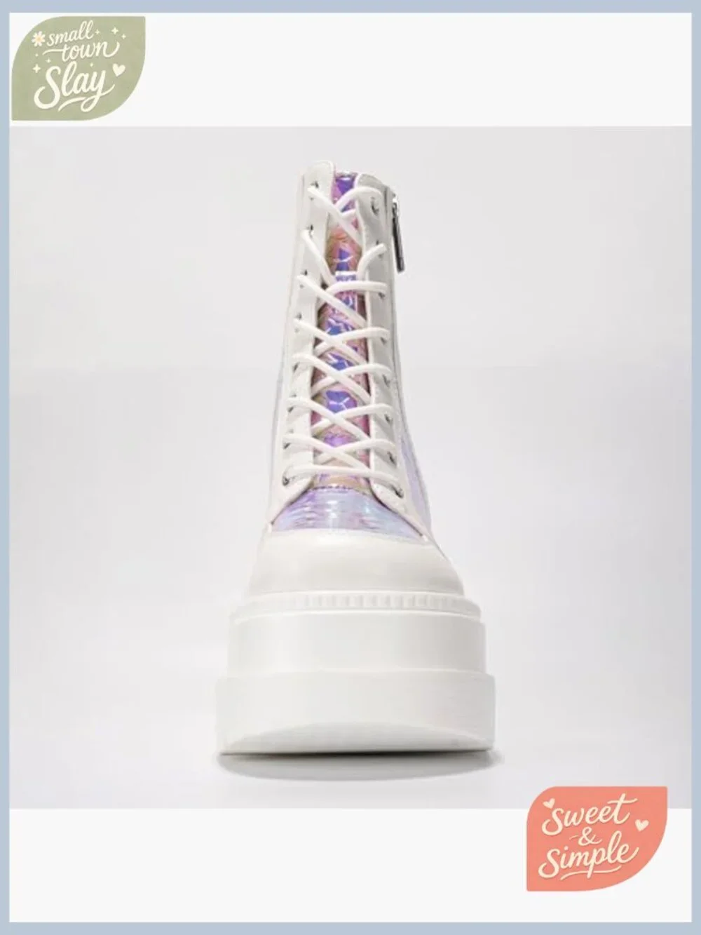 Holographic Platform Ankle Boots Chunky Heel Lace Up Zipper - Picture 4 of 7